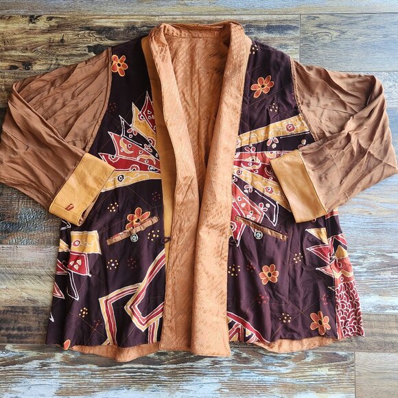 Vintage Nadya Bali Handmade Leather Batik Tribal Reversible Jacket Brown - Picture 4 of 16